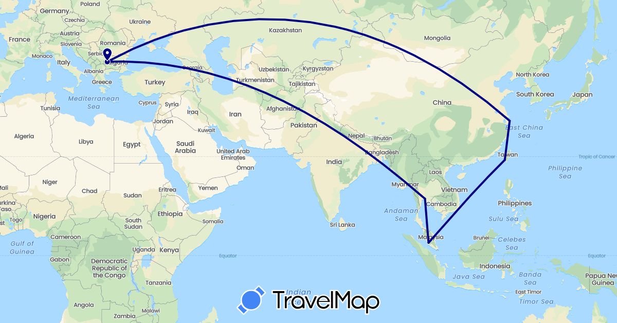 TravelMap itinerary: driving in Bulgaria, China, Malaysia, Thailand, Taiwan (Asia, Europe)